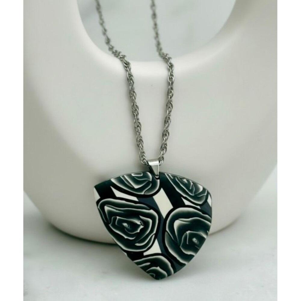 Handmade Black Rose Floral Polymer Clay Pendant Necklace Botanical Statement